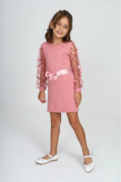 Kız Çocuk Kolları Tüllü Ve Aksesuarlı Elbise 12130 - 8