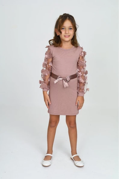 Kız Çocuk Kolları Tüllü Ve Aksesuarlı Elbise 12130 - 5