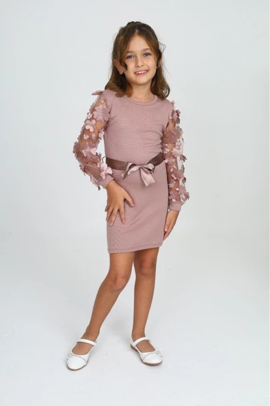 Kız Çocuk Kolları Tüllü Ve Aksesuarlı Elbise 12130 - 4