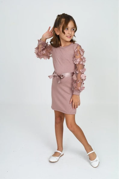 Kız Çocuk Kolları Tüllü Ve Aksesuarlı Elbise 12130 - 3