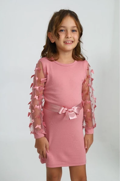 Kız Çocuk Kolları Tüllü Ve Aksesuarlı Elbise 12130 - 6