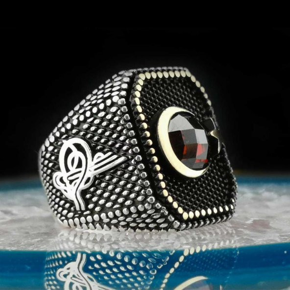 Özel Ay Yıldız Tasarımlı Tuğra İşlemeli 925 Ayar Gümüş Yüzük ürün görseli 1