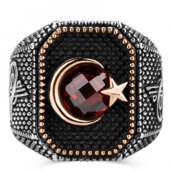 Özel Ay Yıldız Tasarımlı Tuğra İşlemeli 925 Ayar Gümüş Yüzük - Resim 4