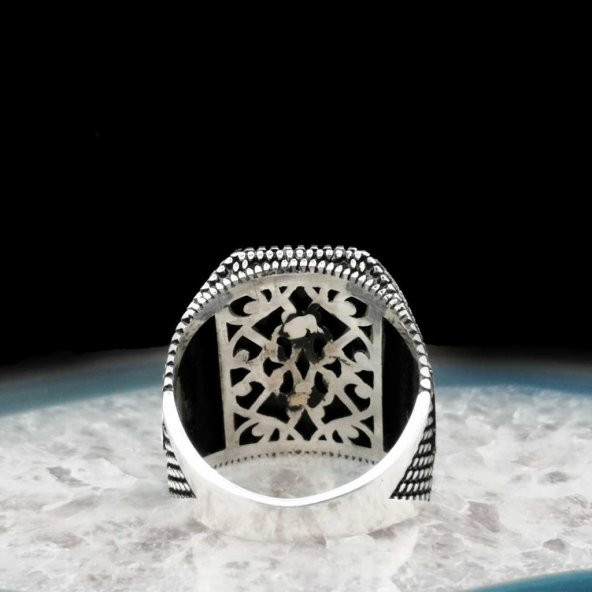 Özel Ay Yıldız Tasarımlı Tuğra İşlemeli 925 Ayar Gümüş Yüzük - Resim 5