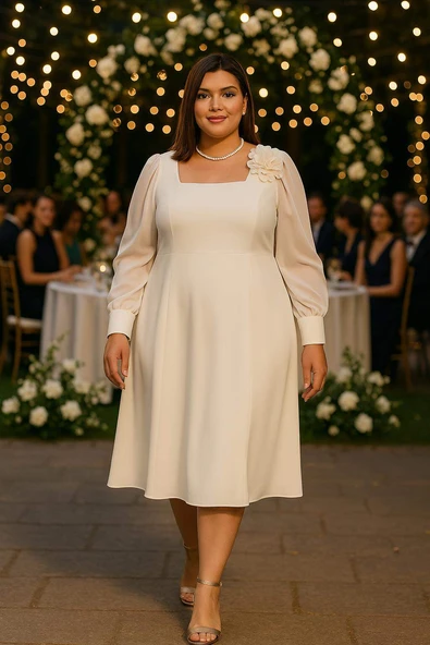 Büyük Beden Kadın Kare Yaka Beyaz Nikah Elbise KL3087
