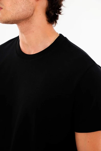 Erkek Bisiklet Yaka %100 Pamuk Kalın Dokulu Siyah T-Shirt - 4