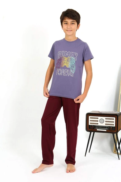 Akbeniz Erkek Çocuk Kısa Kol Penye Pijama Takım 20758 Mor - 2