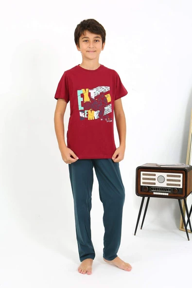 Akbeniz Erkek Çocuk Kısa Kol Penye Pijama Takım 20758 Bordo - 2