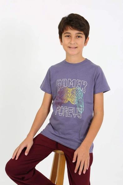 Akbeniz Erkek Çocuk Kısa Kol Penye Pijama Takım 20758 Mor - 6