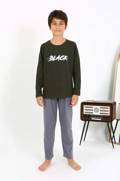 Akbeniz Erkek Çocuk Uzun Kol Penye Pijama Takım 20437 Haki - 7