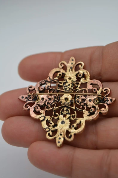 STONEAGE Broş Zirkon Taşlı Bronz Zincir Hediyeli - 7