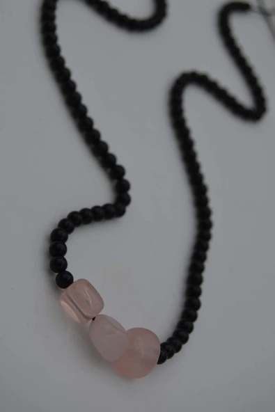 STONEAGE JEWELLERY Pembe Kuvars ve Oniks Taşlı Metalsiz Kolye - 2