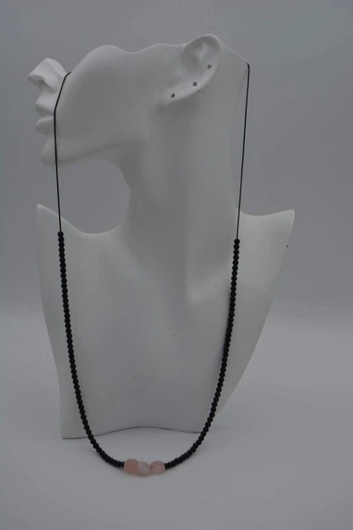 STONEAGE JEWELLERY Pembe Kuvars ve Oniks Taşlı Metalsiz Kolye - 5
