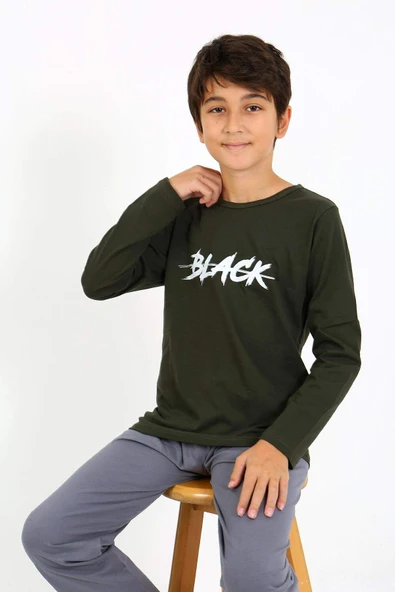 Akbeniz Erkek Çocuk Uzun Kol Penye Pijama Takım 20437 Haki - 6