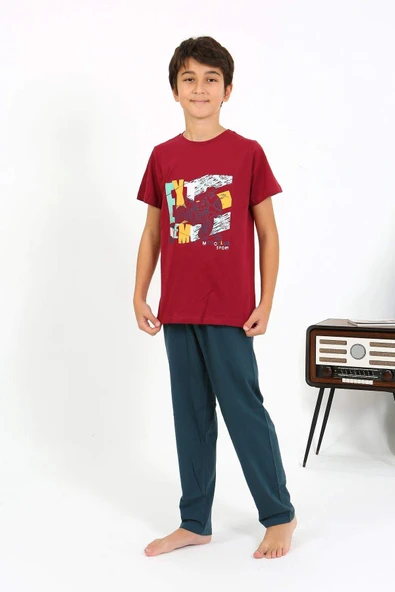 Akbeniz Erkek Çocuk Kısa Kol Penye Pijama Takım 20758 Bordo - 4