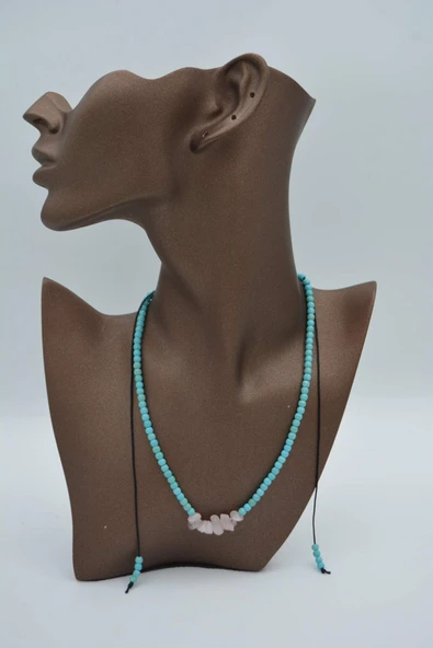 STONEAGE JEWELLERY Pembe Kuvars ve Turkuaz Taşlı Metalsiz Kolye - 4