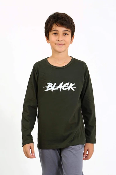 Akbeniz Erkek Çocuk Uzun Kol Penye Pijama Takım 20437 Haki - 3