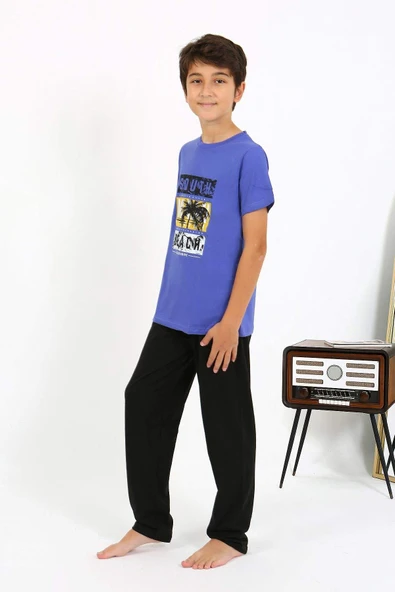Akbeniz Erkek Çocuk Kısa Kol Penye Pijama Takım 20758 Saks - 3