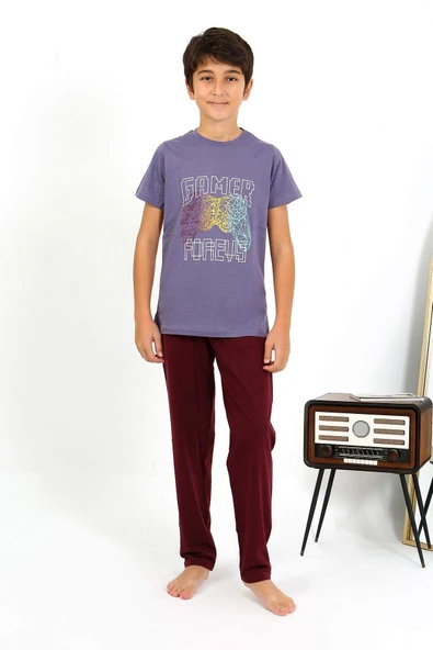Akbeniz Erkek Çocuk Kısa Kol Penye Pijama Takım 20758 Mor - 4