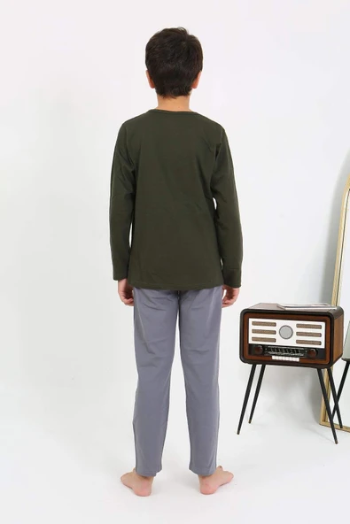Akbeniz Erkek Çocuk Uzun Kol Penye Pijama Takım 20437 Haki - 5