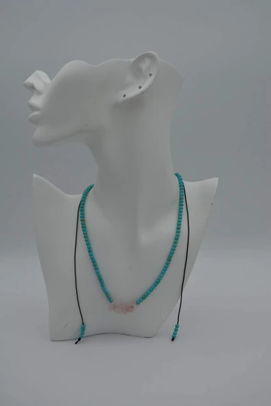 STONEAGE JEWELLERY Pembe Kuvars ve Turkuaz Taşlı Metalsiz Kolye - 6