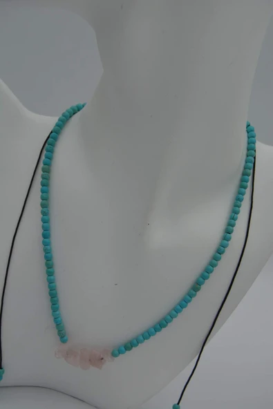 STONEAGE JEWELLERY Pembe Kuvars ve Turkuaz Taşlı Metalsiz Kolye - 5