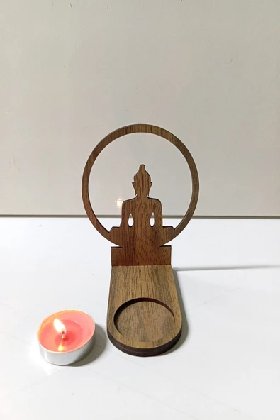Buda Figür Kahverengi Ahşap Gölge Mumluk Projeksiyon Biblo - Mum Hediyeli Buda2 - 3
