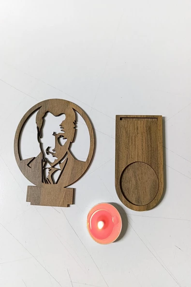 Mustafa Kemal ATATÜRK Figür Kahverengi Ahşap Gölge Mumluk Projeksiyon Biblo - Mum Hediyeli MKA2 - 4