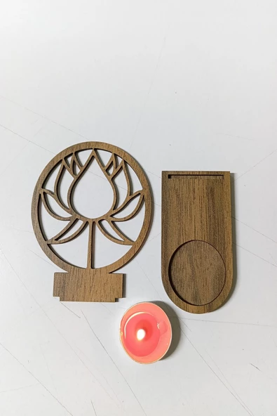Lotus Çiçeği Figür Kahverengi Ahşap Gölge Mumluk Projeksiyon Biblo - Mum Hediyeli LOT2 - 3