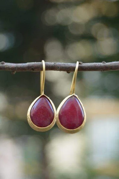 STONEAGE Altın Kaplama Vişne Rengi Jade Taşlı Kadın Küpe - 2