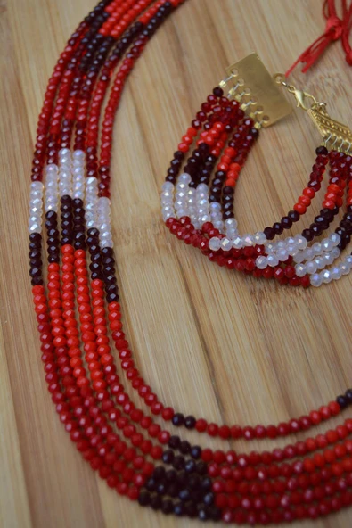 STONEAGE Kırmızı Siyah ve Beyaz Renkli Kolye Küpe Kadın Set Takım Çek Kristali - 3