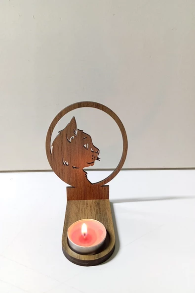Tek Duran Kedi Figür Kahverengi Ahşap Gölge Mumluk Projeksiyon Biblo - Mum Hediyeli KETE2 - 3