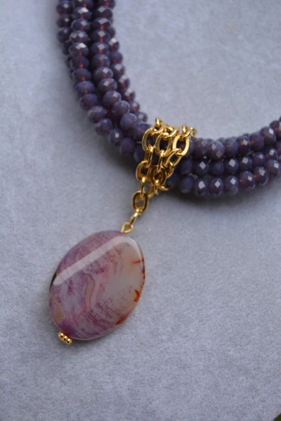 STONEAGE Mor Kristal ve Akik Taşlı Özel Tasarım Kolye