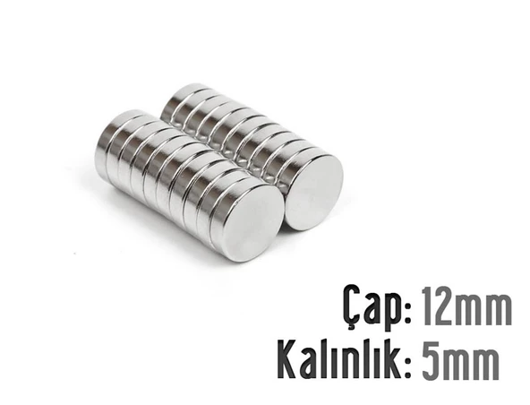 Neodyum Mıknatıs Silindir Çap 12mm , Kalınlık 5mm   ( 5 Adet)