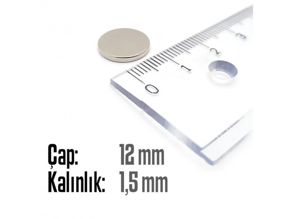Neodyum Mıknatıs Silindir Çap 12mm , Kalınlık 1.5mm   ( 10 Adet) - 2