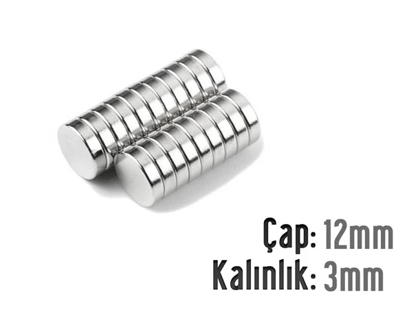 Neodyum Mıknatıs Silindir Çap 12mm , Kalınlık 3mm   ( 5 Adet)