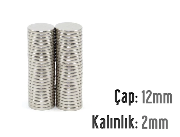 Neodyum Mıknatıs Silindir Çap 12mm , Kalınlık 2mm   ( 10 Adet)