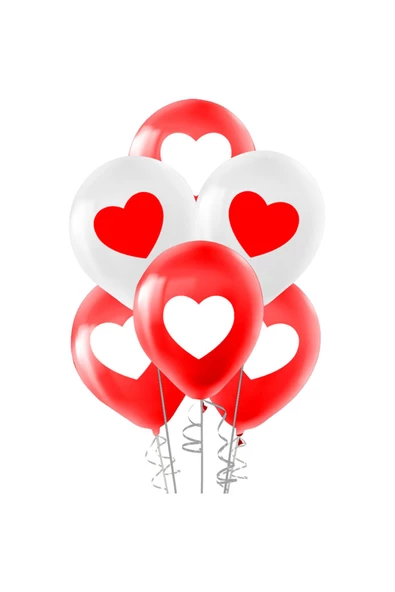 Vipfoni Kırmızı Beyaz Kalp Baskılı Balon – 25 Adet