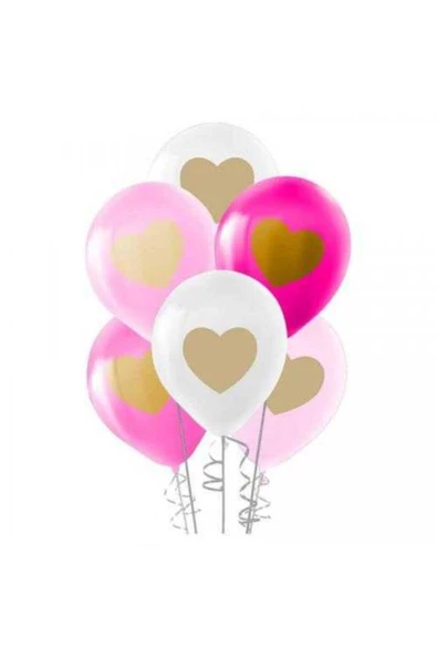 Vipfoni Altın Kalp Baskılı Karışık Renk Balon - 10 Adet
