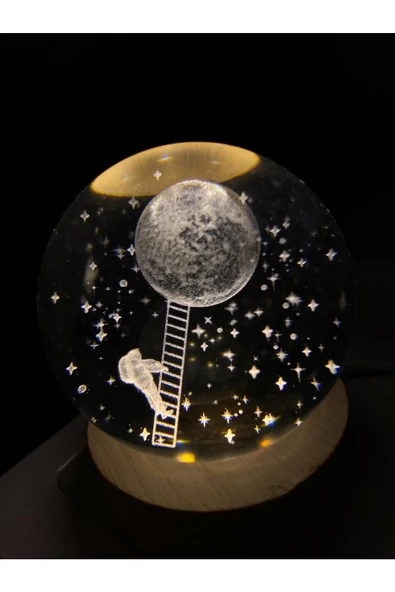 GC Gift Tasarımlı, Temalı Işıklı Usb'li Cam Küre Hediyelik Ahşap Altlıklı Masa Gece Lambası Astronot - 2