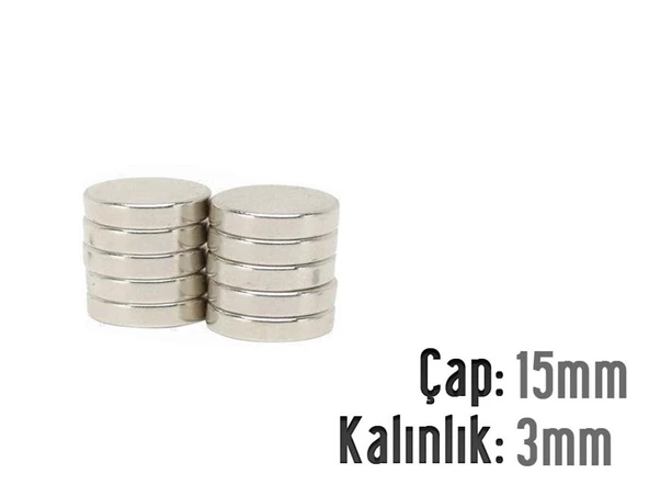 Neodyum Mıknatıs Silindir Çap 15mm , Kalınlık 3mm   ( 5 Adet)