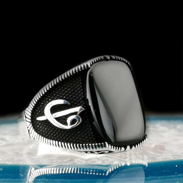 Özel Elif Vav Tasarımlı Siyah Oniks Taşlı 925 Ayar Gümüş Yüzük - Resim 2