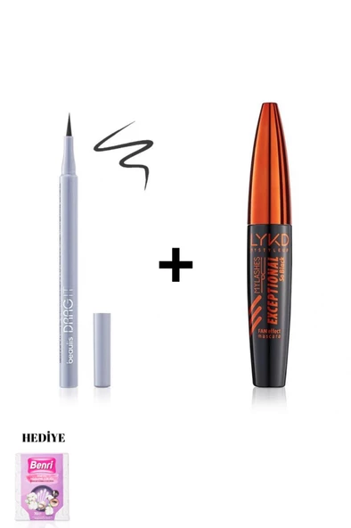 iBeaulis Drag It Inkpen Keçe Uçlu Eyeliner ve Exceptional Yelpaze Etkili Ve Kıvrım Veren Maskara So Black Set Makyaj Düzeltme Çubuğu Hediyeli