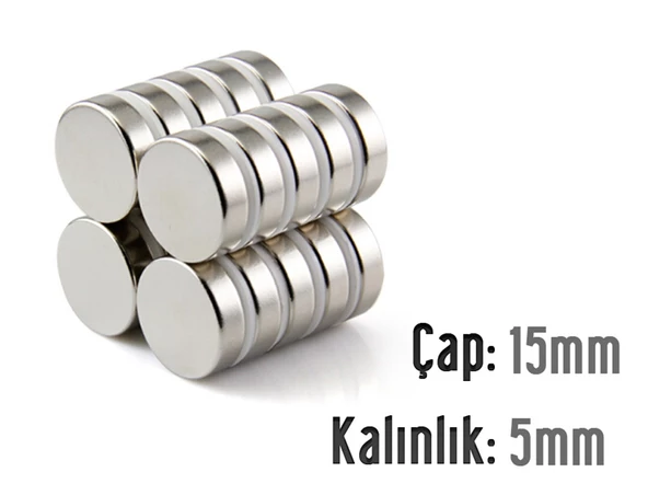 Neodyum Mıknatıs Silindir Çap 15mm , Kalınlık 5mm   ( 5 Adet)