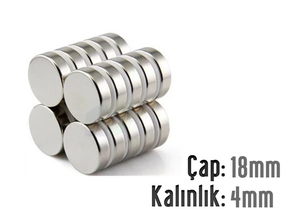 Neodyum Mıknatıs Silindir Çap 18mm , Kalınlık 4mm   ( 5 Adet)