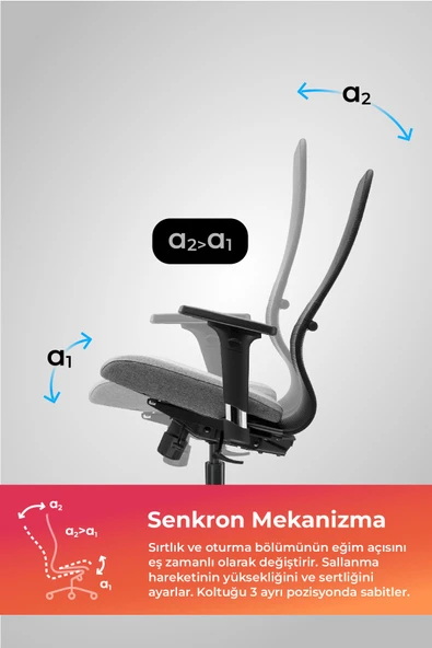 Ergolife Synchrosit 8 Ergonomik Ofis Sandalyesi | Ayarlanabilir Kolçaklı, Fileli, Öğrenci Sandalyesi -297.D.1.2F3 - 3