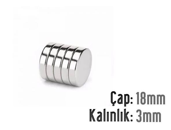 Neodyum Mıknatıs Silindir Çap 18mm , Kalınlık 3mm   ( 5 Adet)