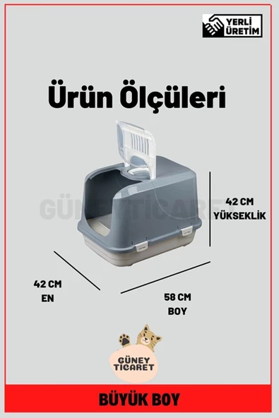GÜNEY PET Büyük Boy Kapalı Kedi Tuvaleti Gri 58x42x42 Cm Kürek Hediyeli - 3