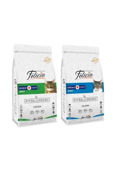 Felicia Tavuklu Yetişkin Kedi Maması 2 kg + Az Tahıllı Somonlu Yetişkin Kedi Maması 2 kg