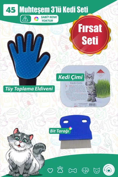 AST GROSS PET Muhteşem 3lü Kedi Seti 45 Kedi Bit Tarağı Kedi Çimi Kedi Eldiveni ürün görseli
